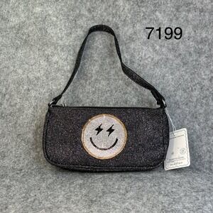 Skinnydip London Smiley Face Shoulder Bag Black Glitter Y2K Mini Baguette Purse